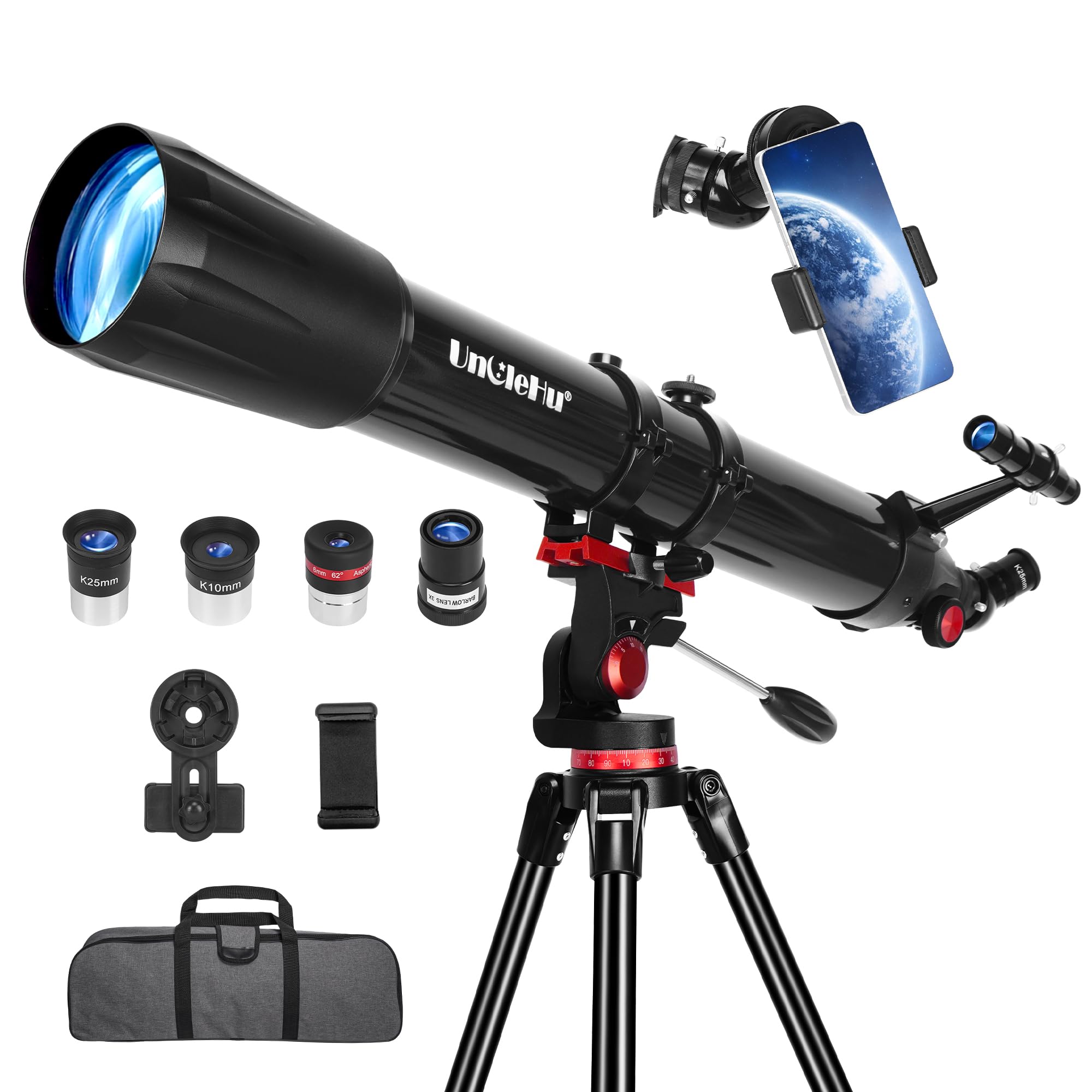 UncleHu Telescope for Astronomy Adults Beginners 36X-450X, 90 mm Aperture 900 mm Professional Portable Refractor Astronomical Telescopes with Tripod & Mobile Phone Adapter & Star Observation Mount